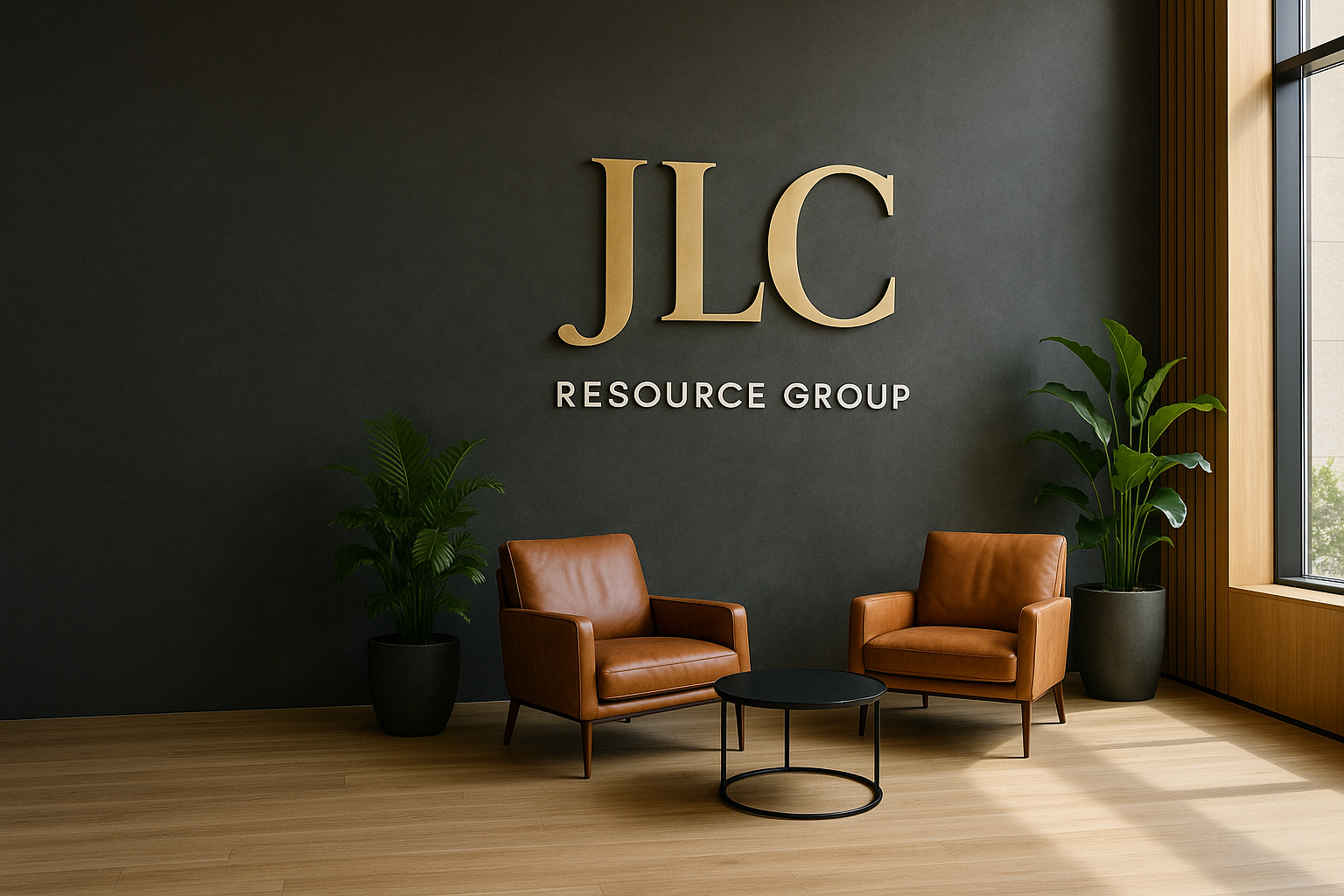 JLC Resource Group lobby with warm charcoal wall, brass logo letters, and leather seating